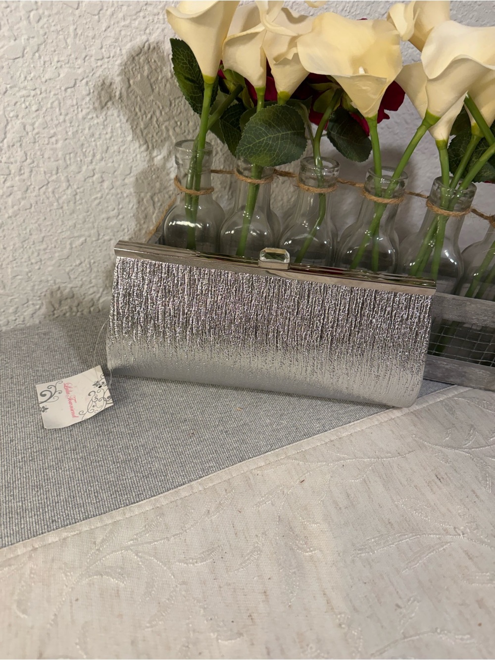 NEW Lulu Townsend Silver Metallic Textured Hard Case Evening Clutch Bag⁠ Jewel